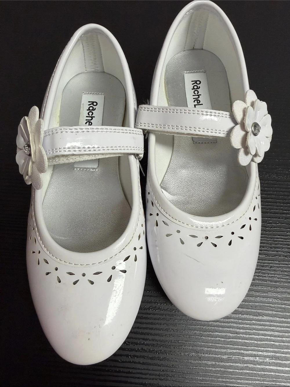 Girls' White Patent Mary Jane Dress Shoes with Floral Accent